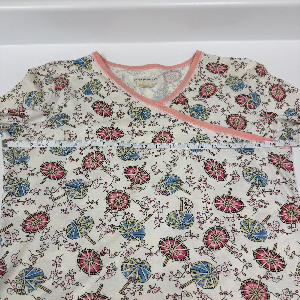 Green Cotton Womens Parasol Cherry Blossom V-Neck Long Sleeve Lounge Top Small - Picture 7 of 11